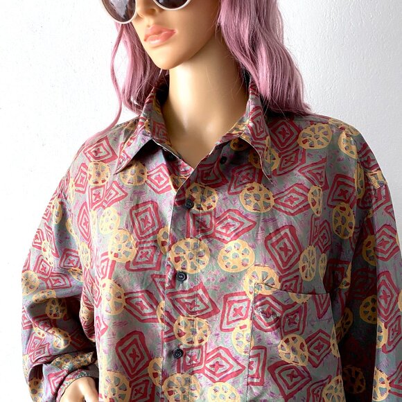 Vintage Silk Button Down Oversized Shirt Streetwear Bohemian Blouse Artsy Top L - Picture 8 of 10